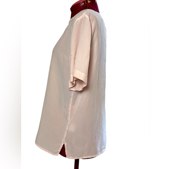 Pink 100% silk loose fit crepe de chine short sleeve blouse with neck detail - Picture 5 of 13